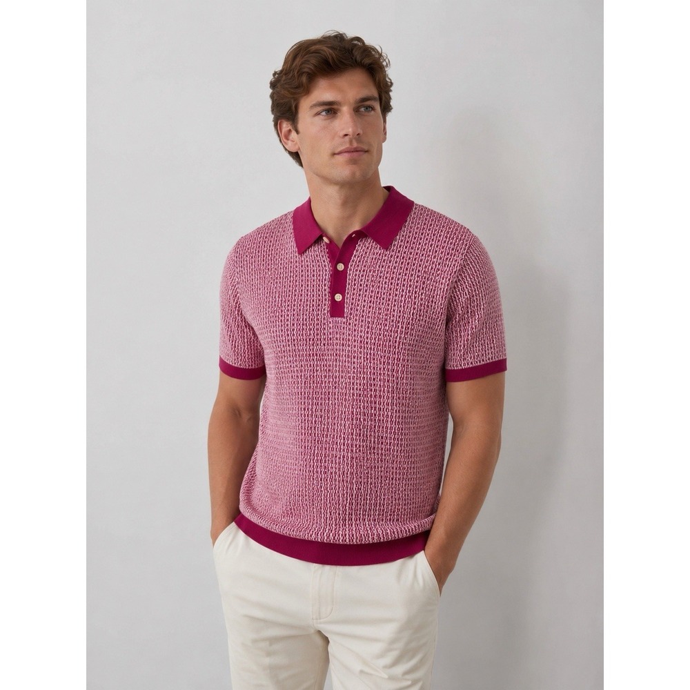NWT Perry Ellis Men's Knit Polo Shirt Large Pink Sangria Geometric Short Sleeve